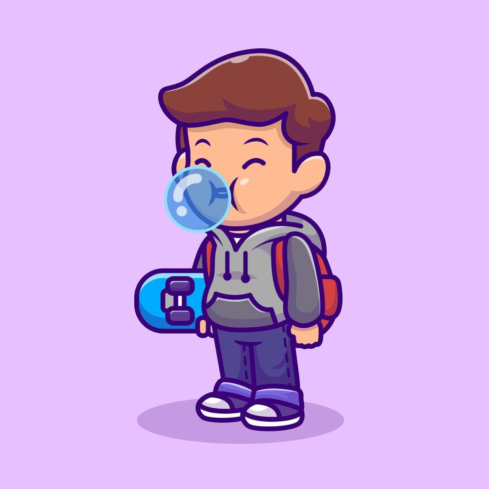 Cute Skater Boy Blowing Candy Bubble Cartoon Vector Icon Illustration. People Hobby Icon Concept Isolated Premium Vector. Flat Cartoon Style