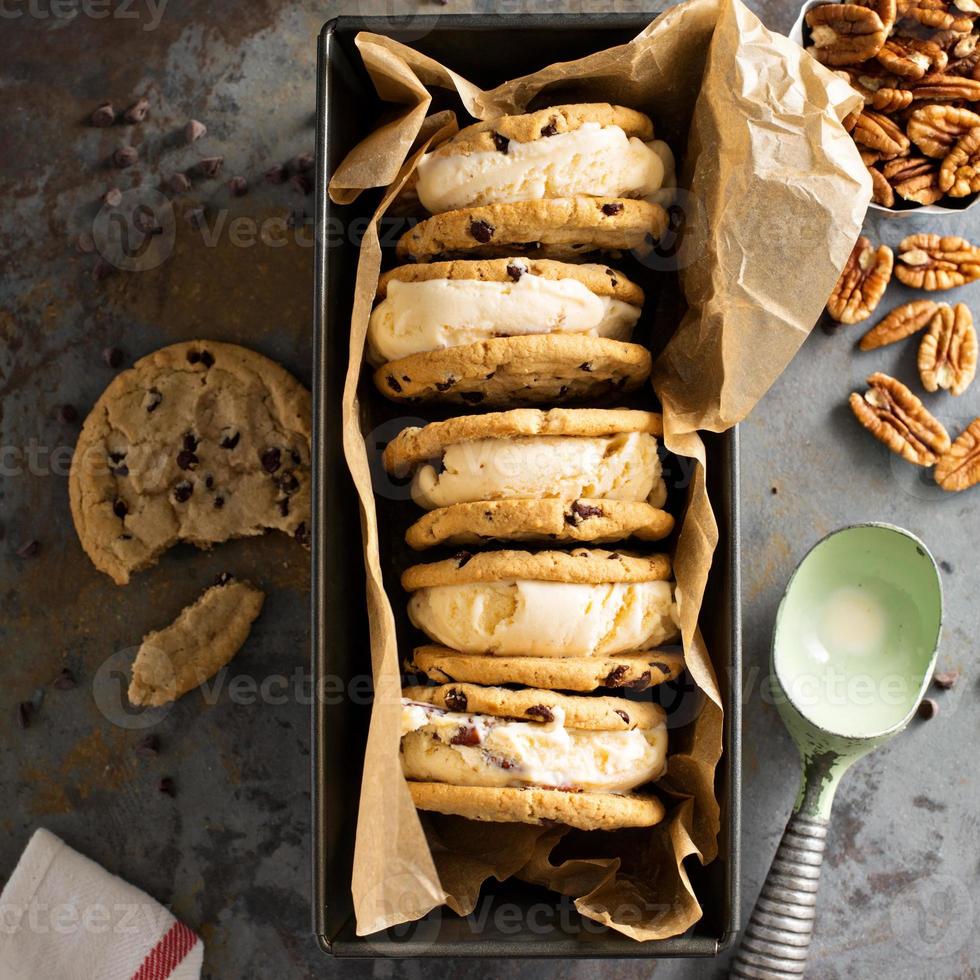 Ice cream sandwiches with chocolate chip cookies photo