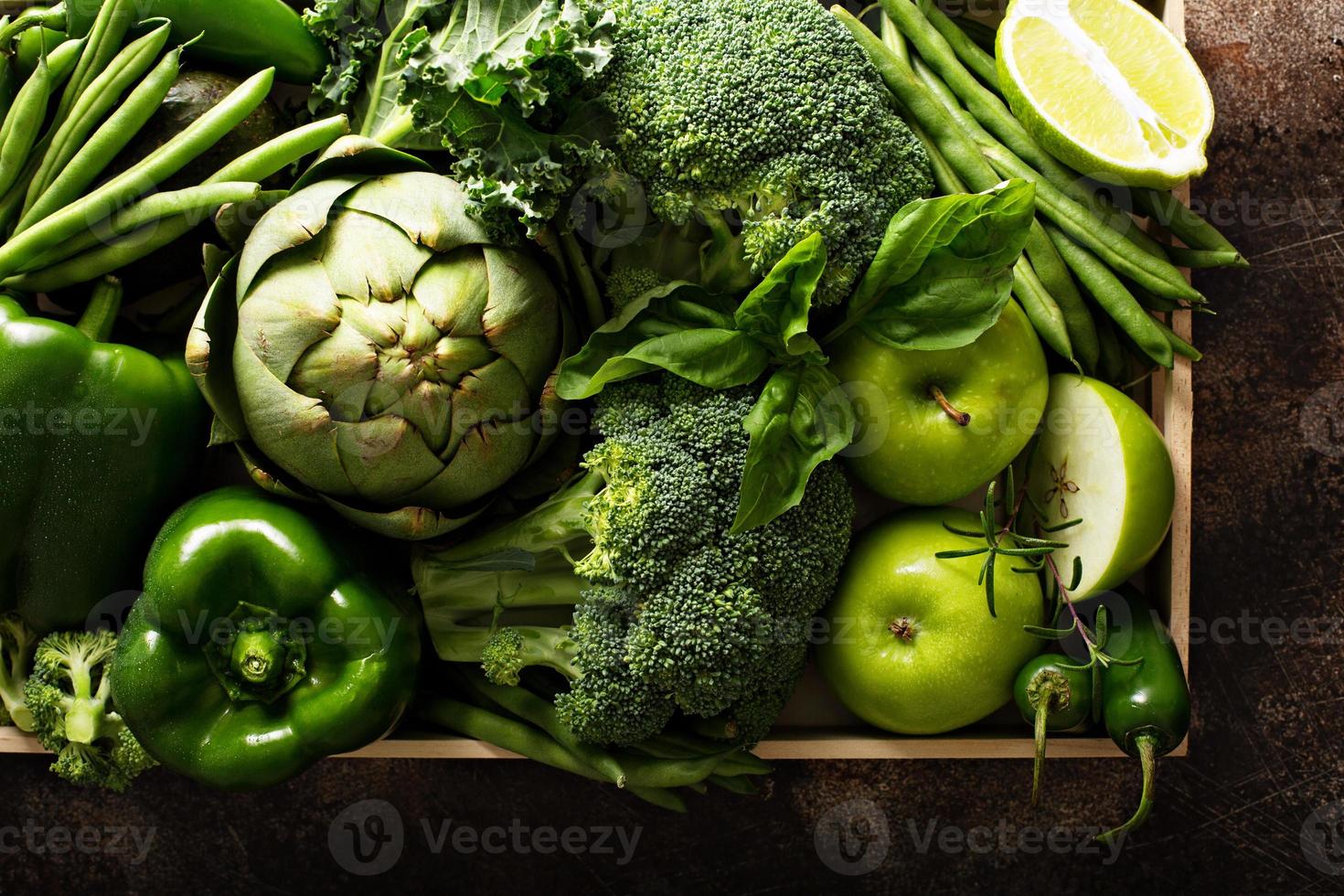 Variety of green vegetables and fruits photo