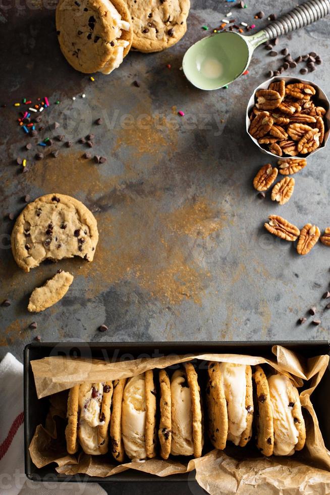 Ice cream sandwiches with chocolate chip cookies photo