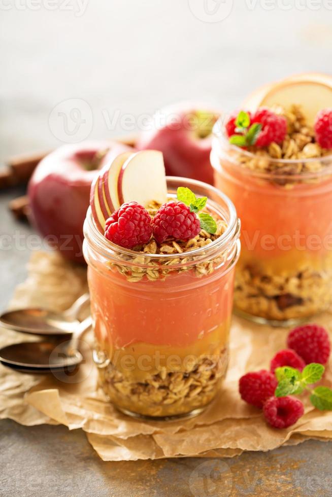 Applesauce and raspberry puree parfait with granola photo