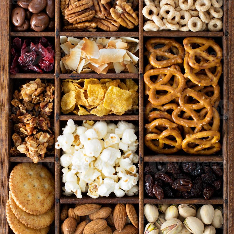 Variety of healthy snacks overhead shot photo