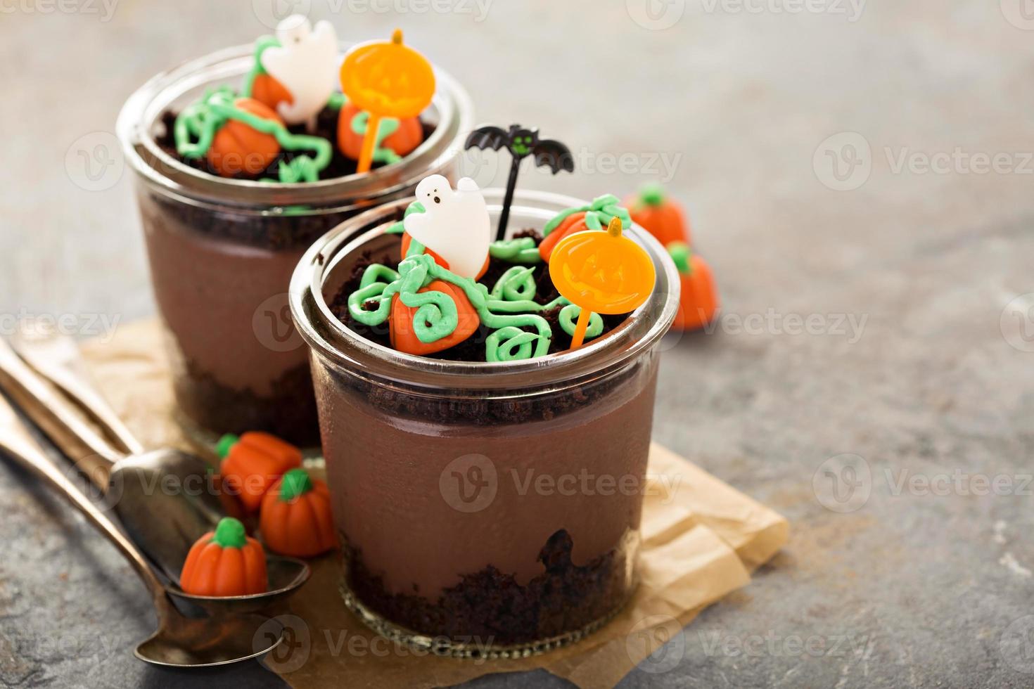 Halloween dessert in a jar, chocolate pudding photo