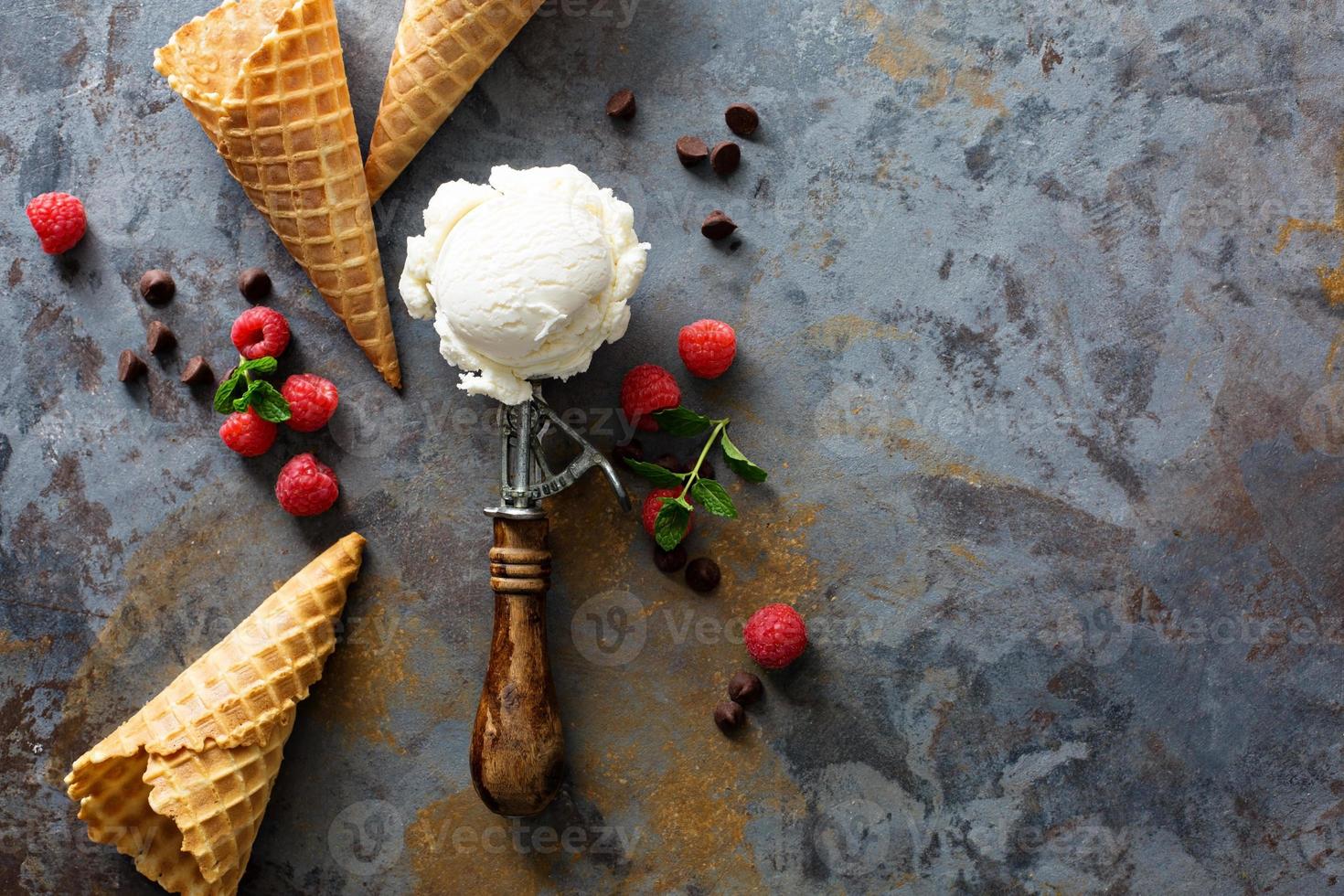 Vanilla ice cream scoop in a spoon photo