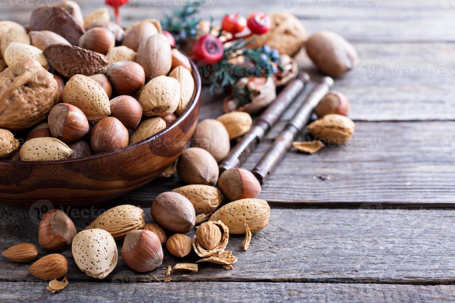 Variety of nuts with shells for Christmas photo