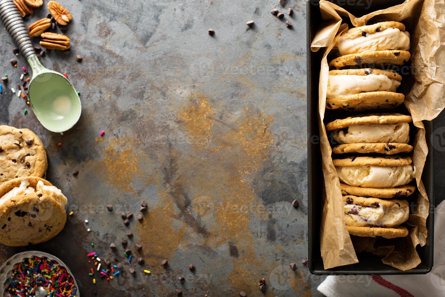 Ice cream sandwiches with chocolate chip cookies photo