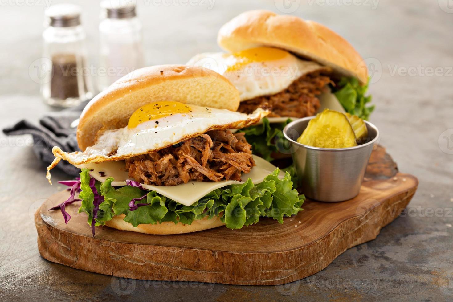 Pulled pork breakfast sandwiches with fried egg photo