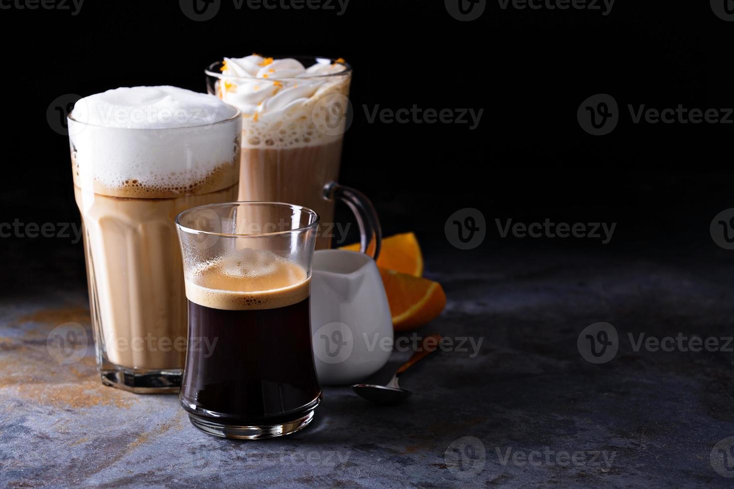 Coffee latte, black espresso and viennese coffee photo