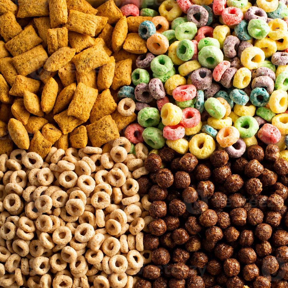 Variety of cold cereals overhead photo