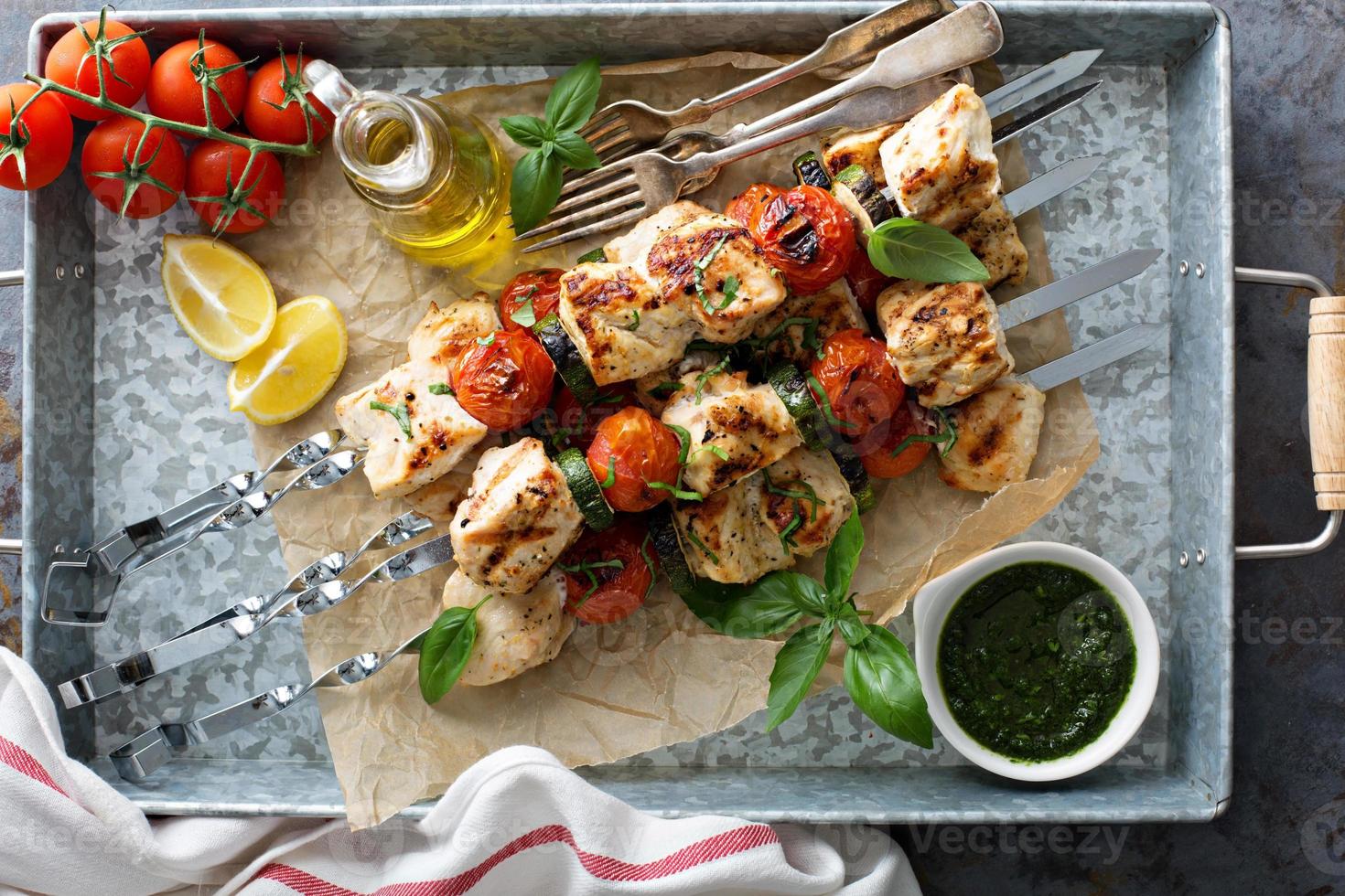 Chicken kabobs on a tray photo