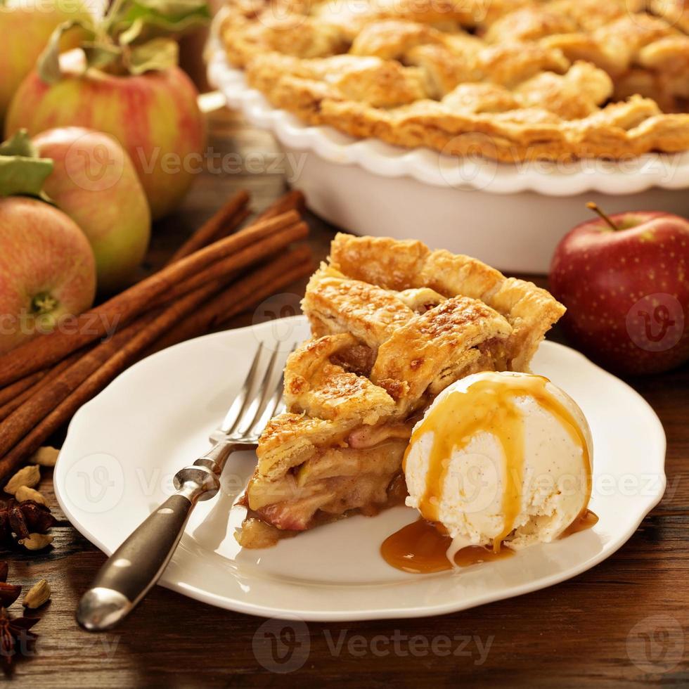 Piece of an apple pie with ice cream on a plate photo