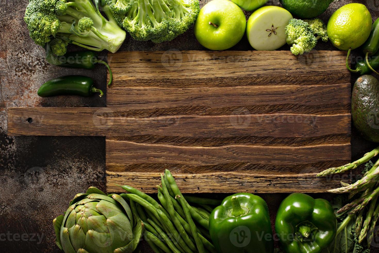 Variety of green vegetables and fruits photo