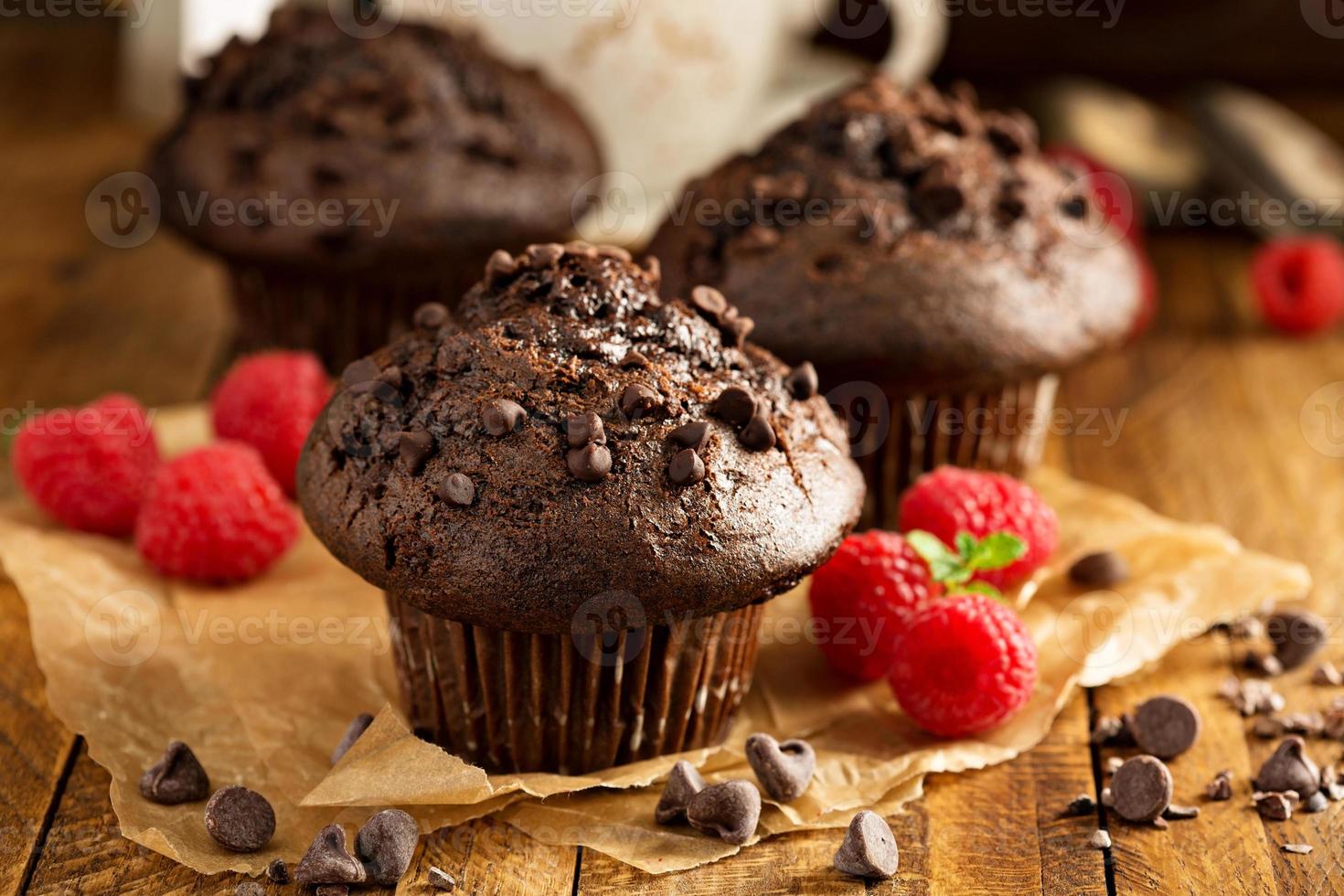 Double chocolate muffins with raspberry photo