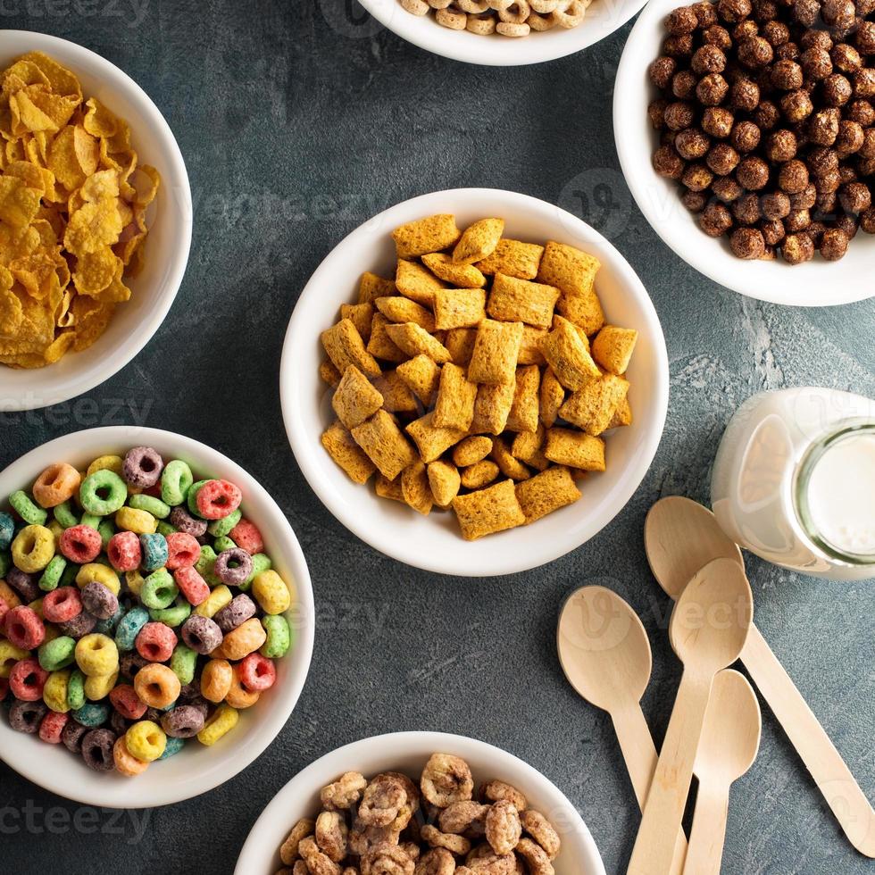 Variety of cold cereals in white bowls photo