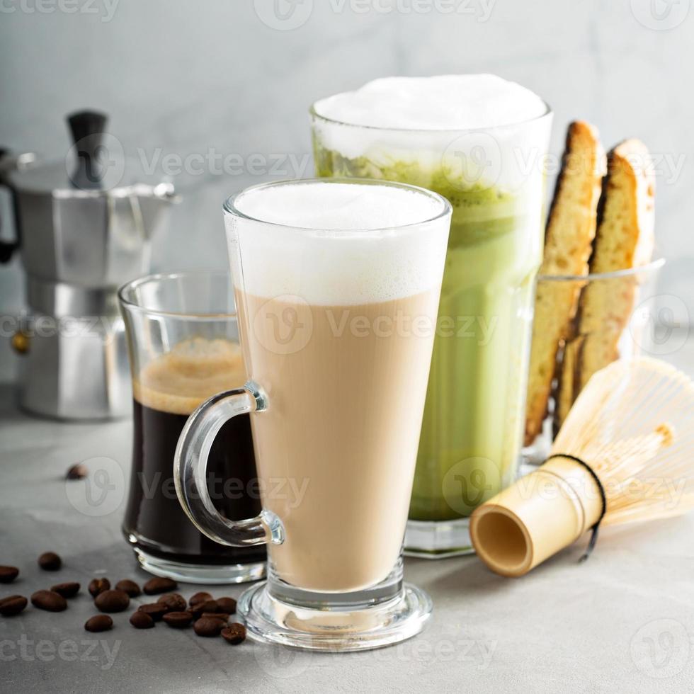 Espresso, regular coffee and matcha latte photo