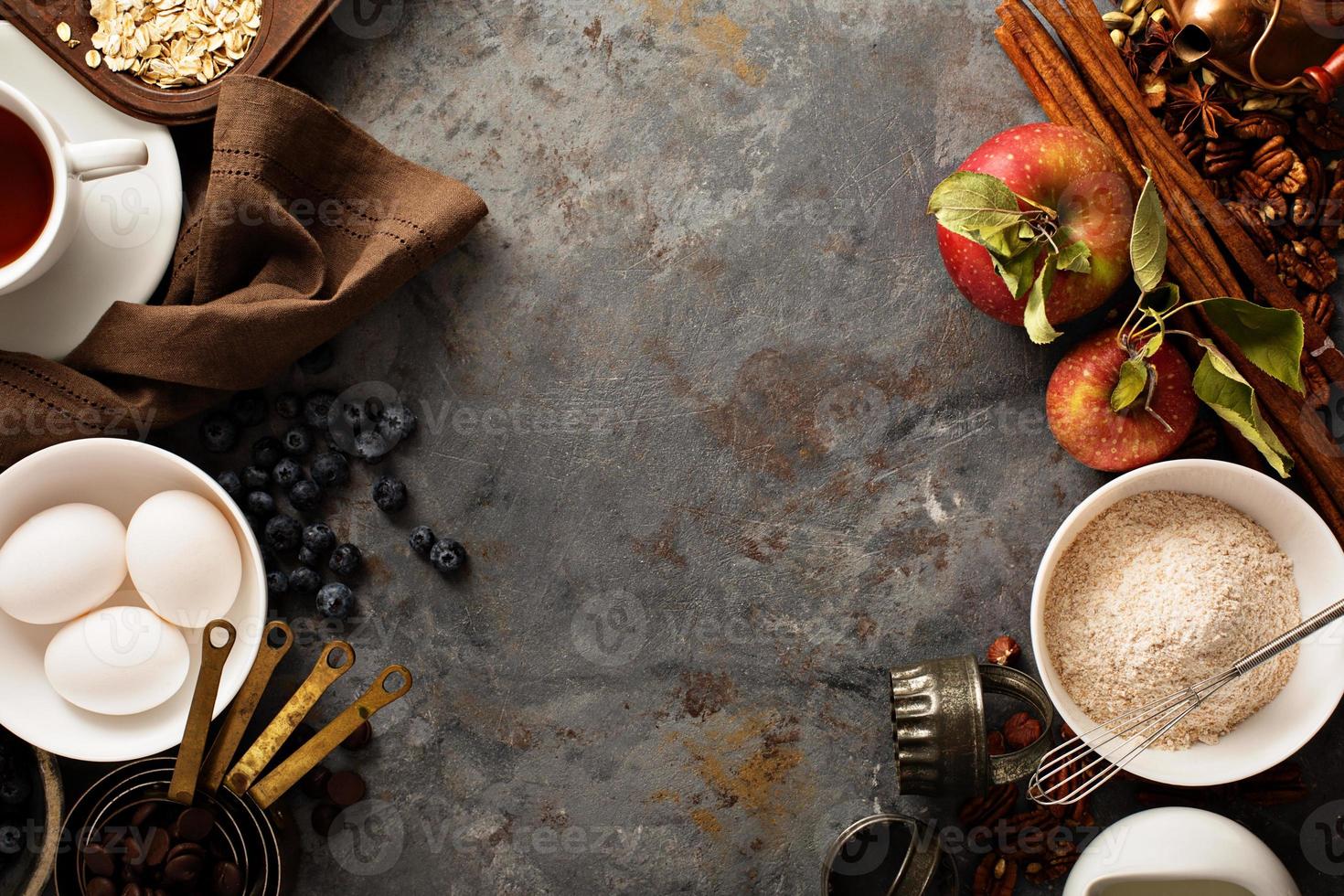 Fall baking concept with apples, oats and flour photo