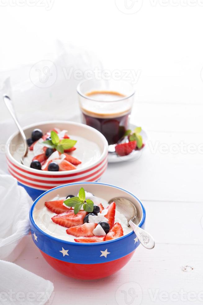 Yogurt bowls with strawberry and blueberry photo