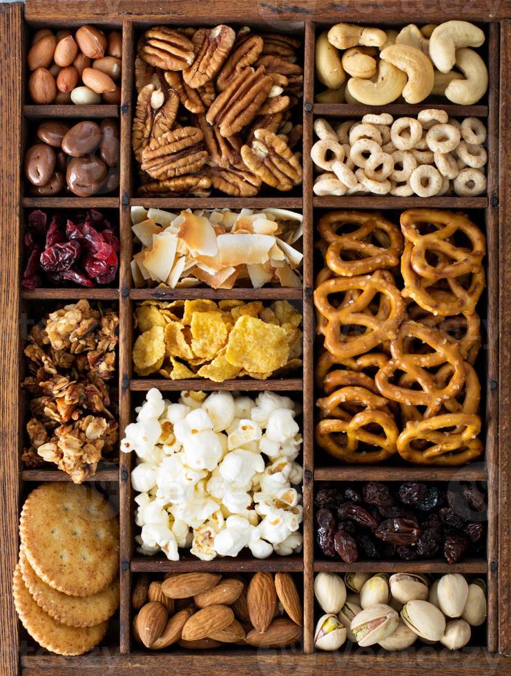 Variety of healthy snacks overhead shot photo