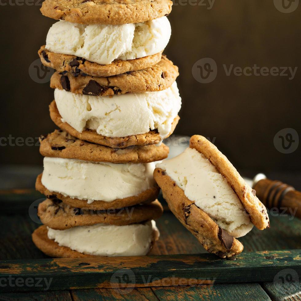 Homemade ice cream sandwiches with chocolate chip cookies photo