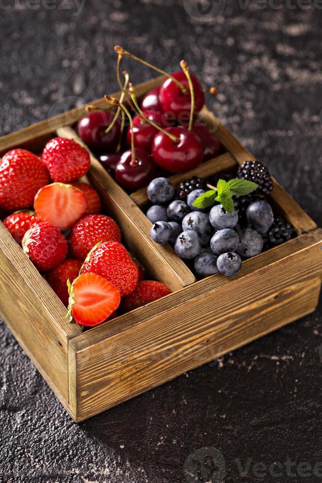Fresh berries in wooden box photo