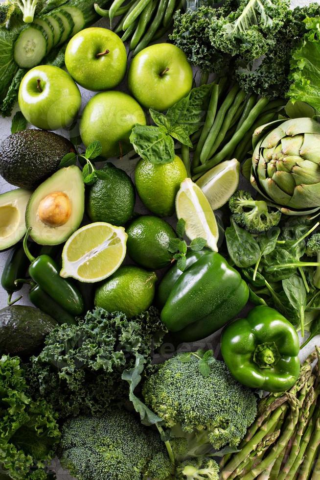 Variety of green vegetables and fruits photo