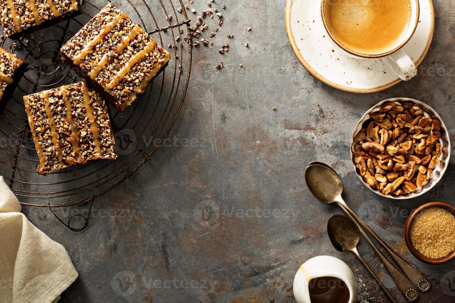 Fudgy brownies with nuts and caramel photo