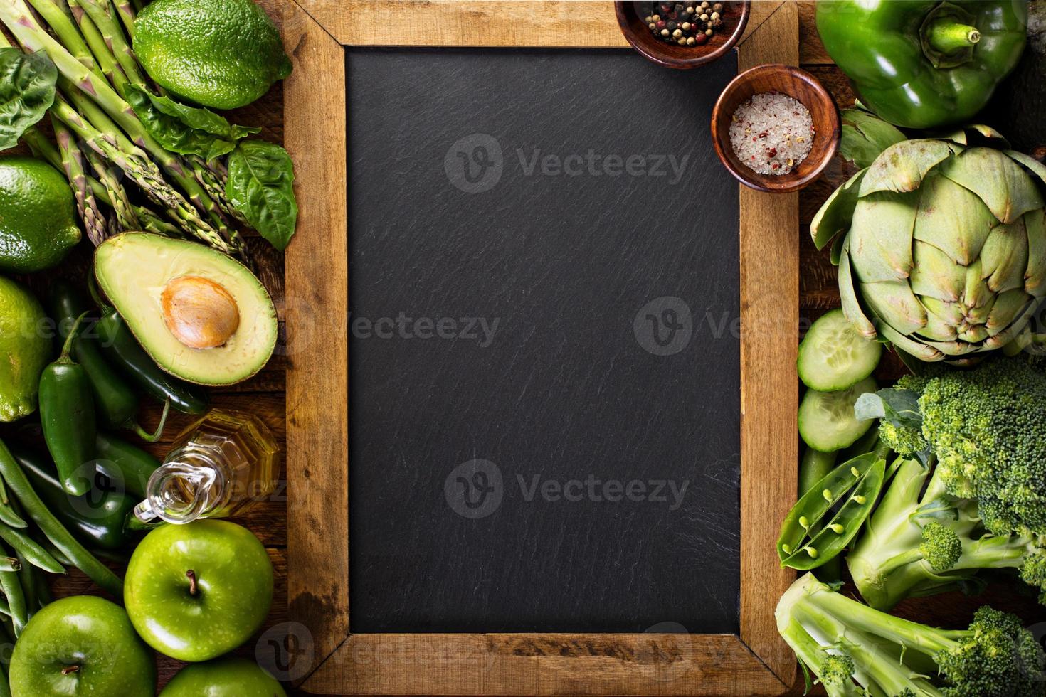 Variety of green vegetables and fruits photo