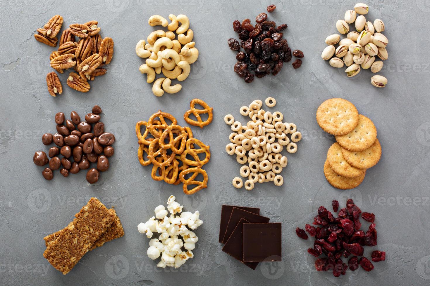 Variety of healthy snacks overhead shot photo