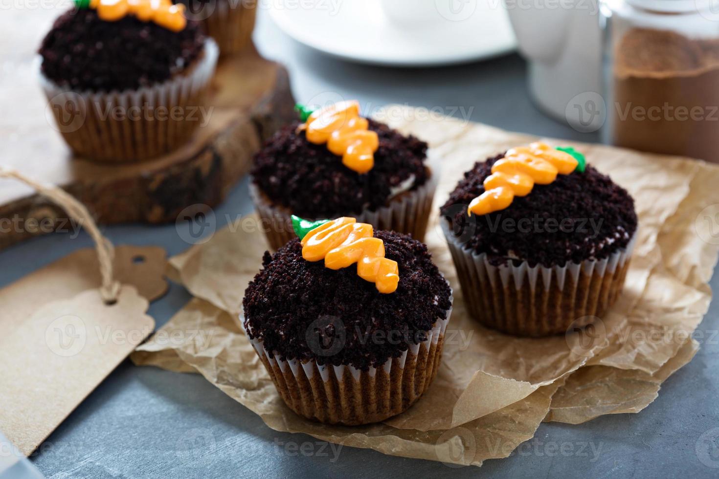 Carrot cupcakes with chocolate crumbs and frosting photo