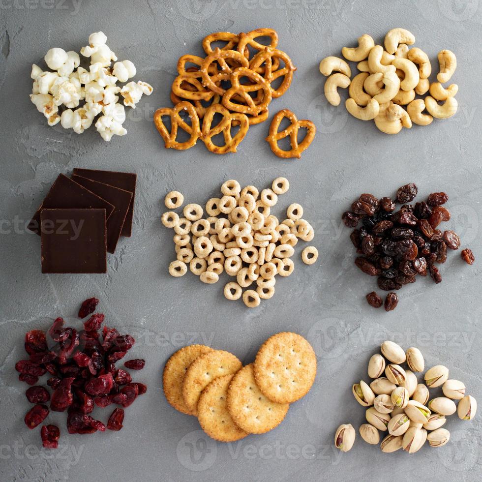 Variety of healthy snacks overhead shot photo