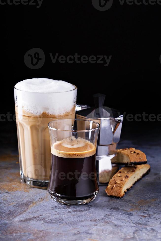 Coffee latte, black espresso and viennese coffee photo