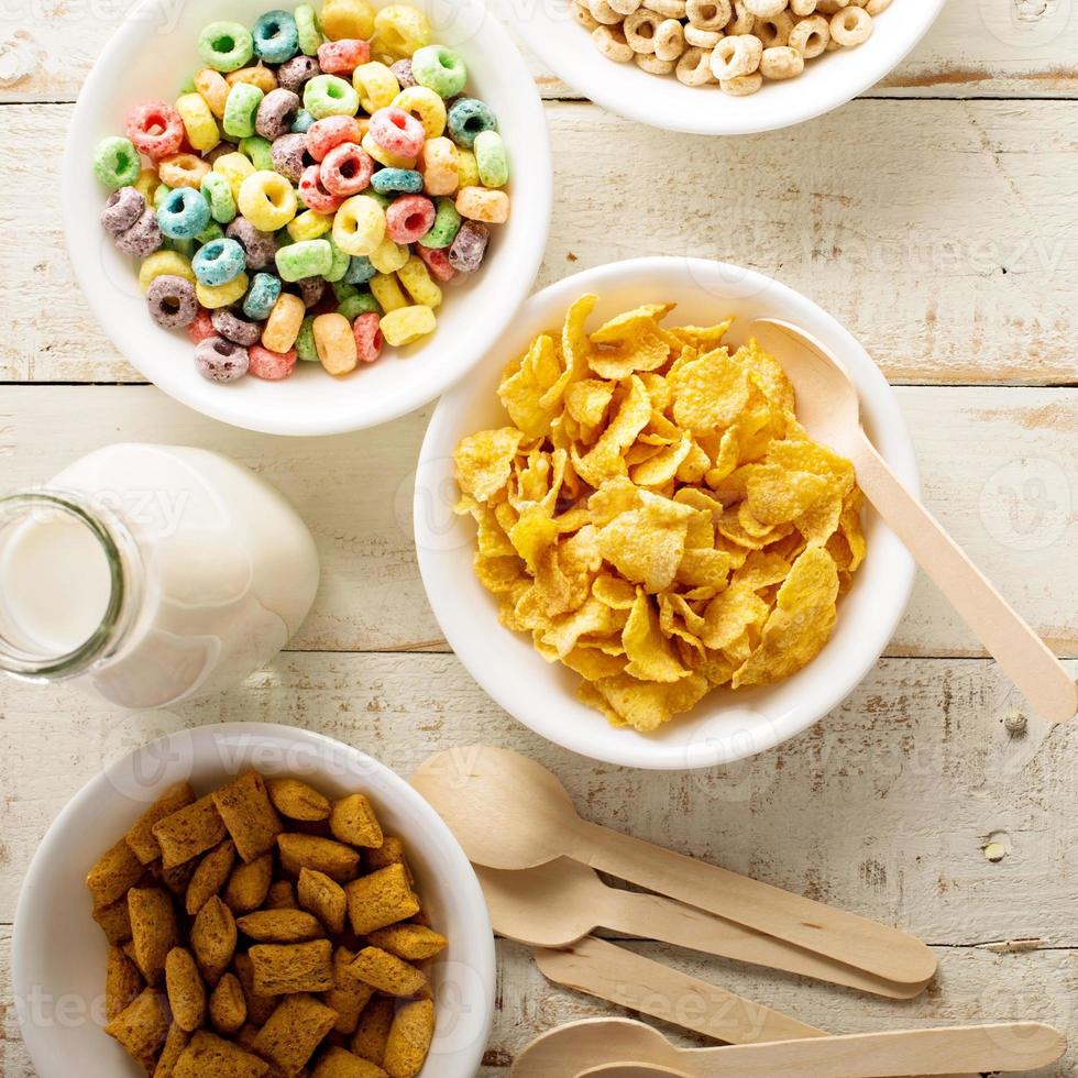 Variety of cold cereals in white bowls 15761644 Stock Photo at Vecteezy