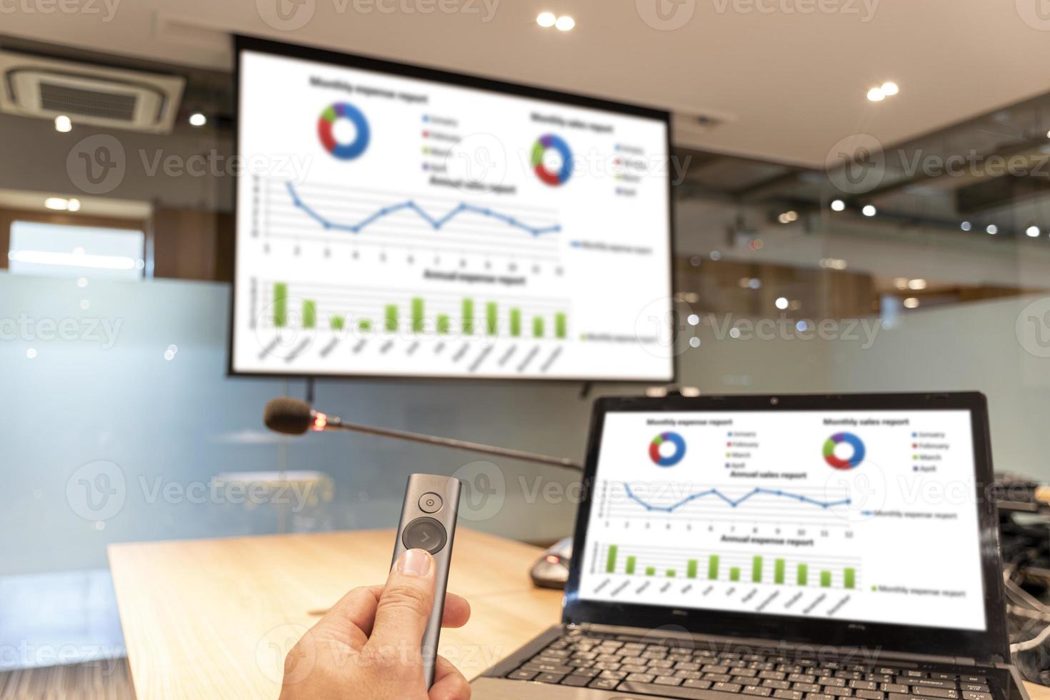 Businessman hand hold remote control slide with presentation on display projector screen and laptop photo