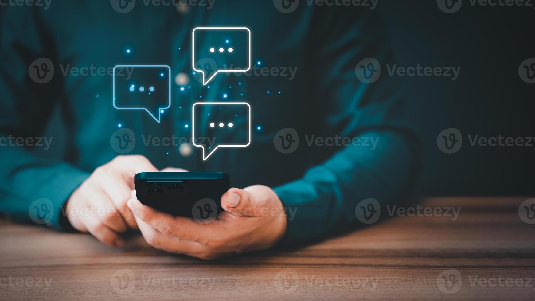 Man hand using smartphone typing live chat chatting on application communication digital web and social network concept. Social media application chat box. photo