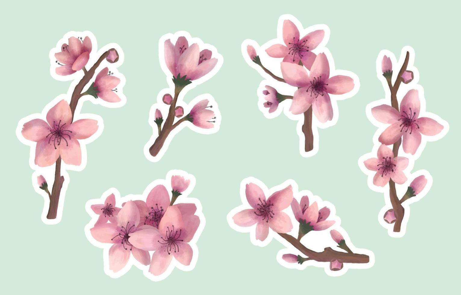 conjunto de pegatinas de flor de durazno dibujadas a mano vector