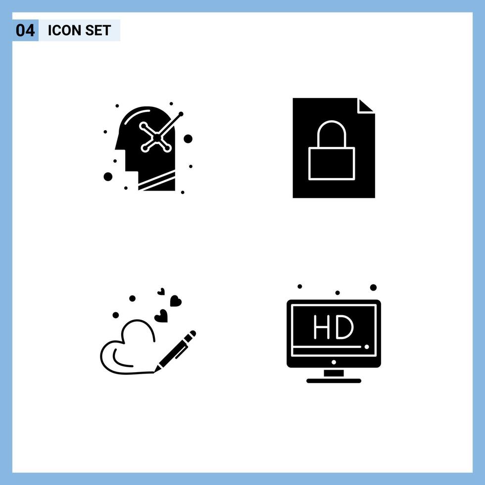 Universal Icon Symbols Group of 4 Modern Solid Glyphs of optimistic heart human mind lock hd Editable Vector Design Elements