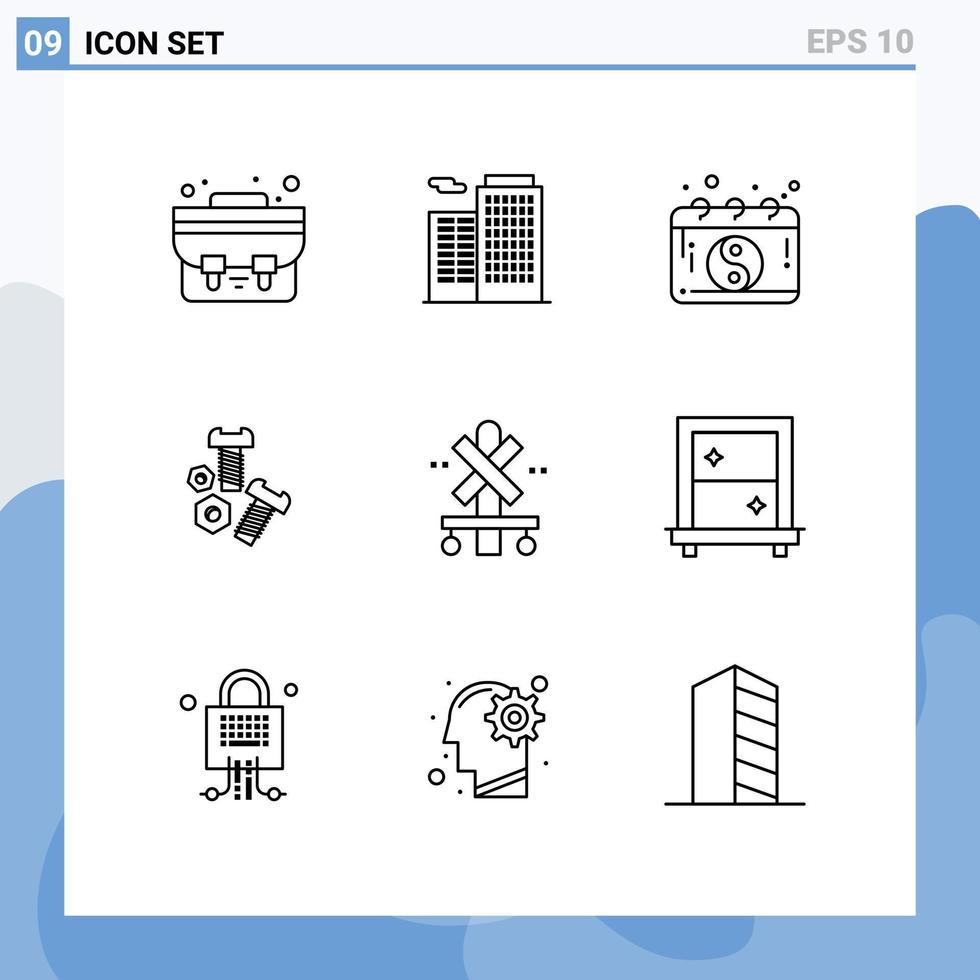 Pictogram Set of 9 Simple Outlines of train sign chinese cross screw Editable Vector Design Elements