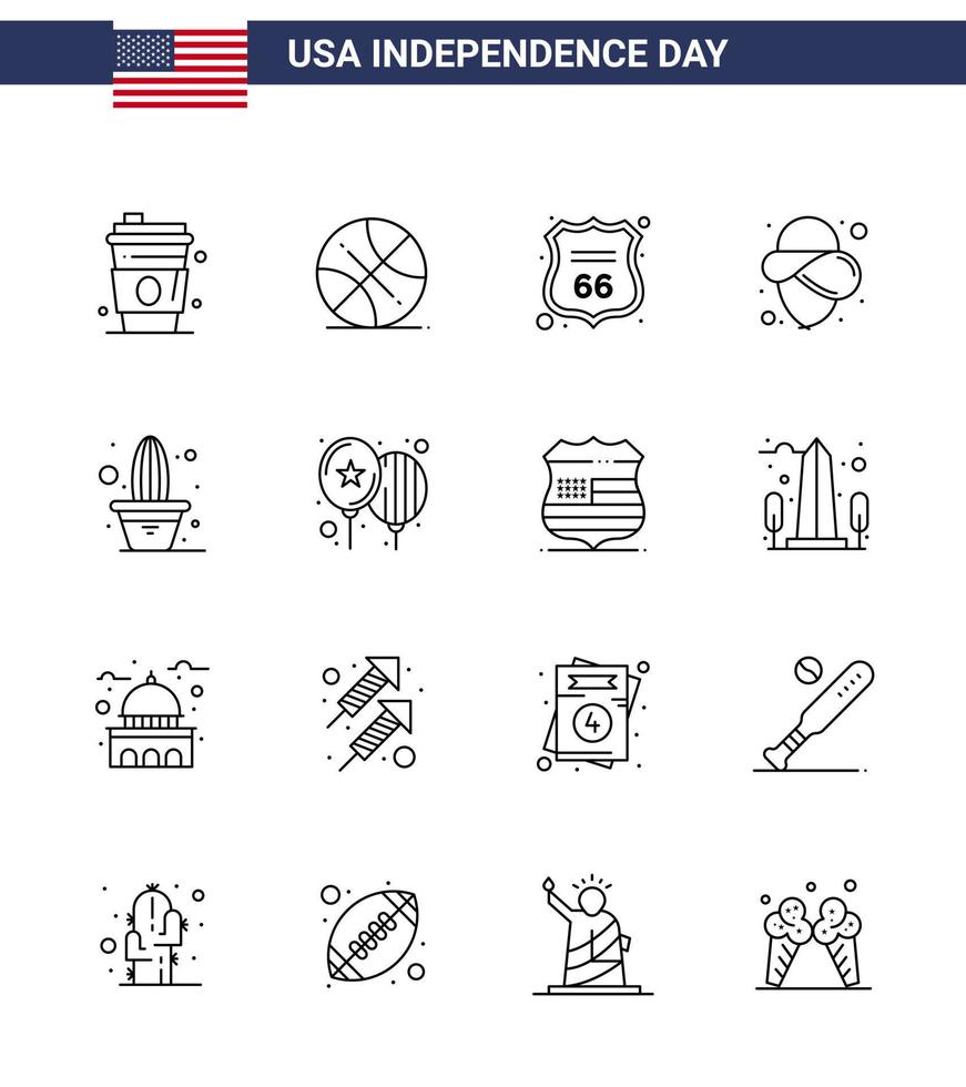 16 USA Line Pack of Independence Day Signs and Symbols of plant cactus security hat usa Editable USA Day Vector Design Elements