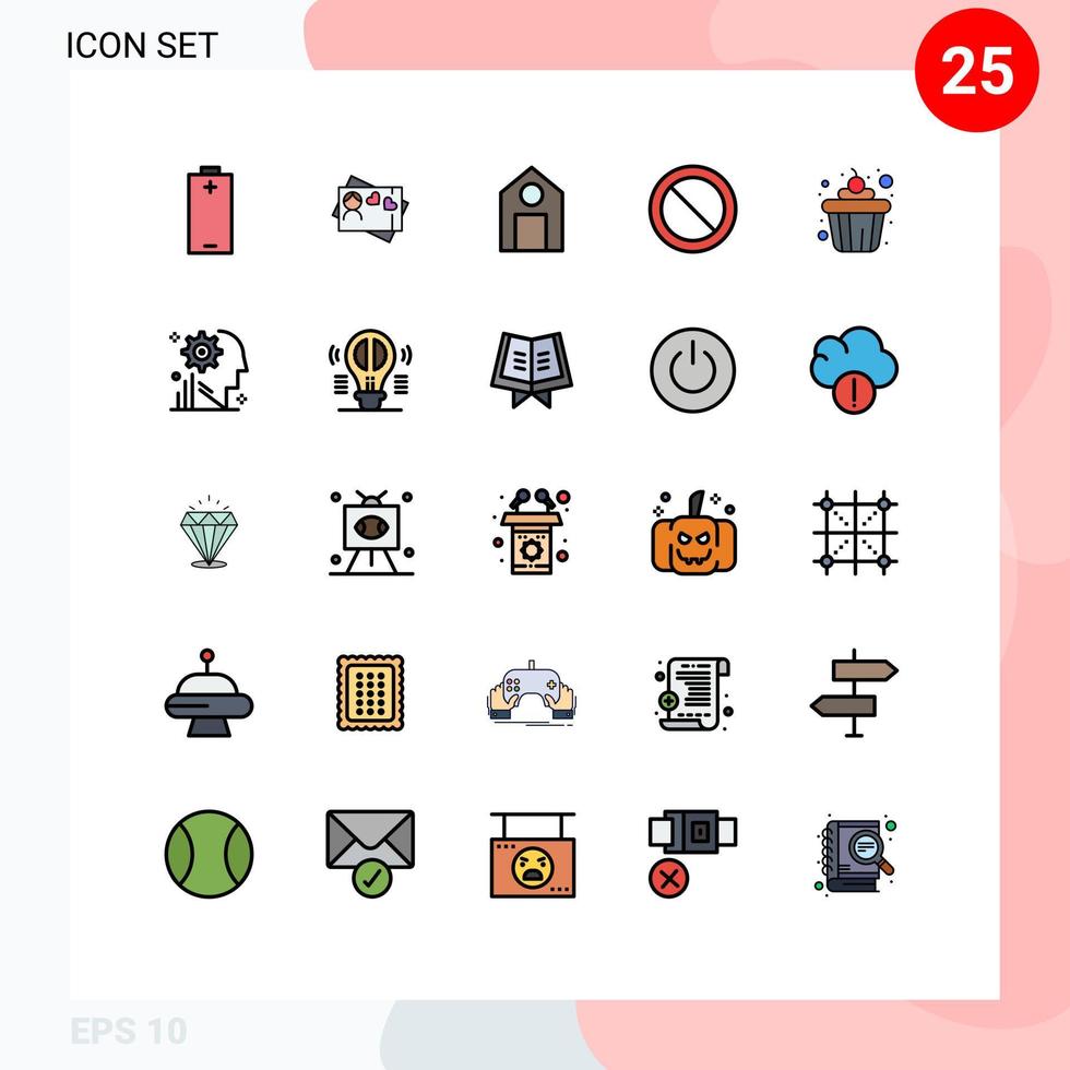 Modern Set of 25 Filled line Flat Colors Pictograph of mind cup learn cake basic Editable Vector Design Elements