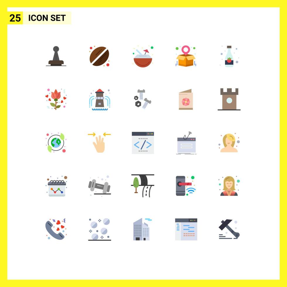 Pack of 25 Modern Flat Colors Signs and Symbols for Web Print Media such as beverage parcel destination coffee package map cocktail Editable Vector Design Elements