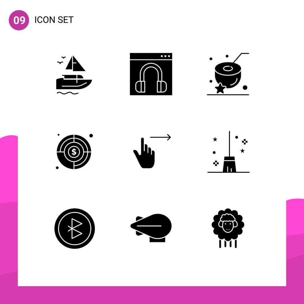 Group of 9 Modern Solid Glyphs Set for finger target online goal drink Editable Vector Design Elements