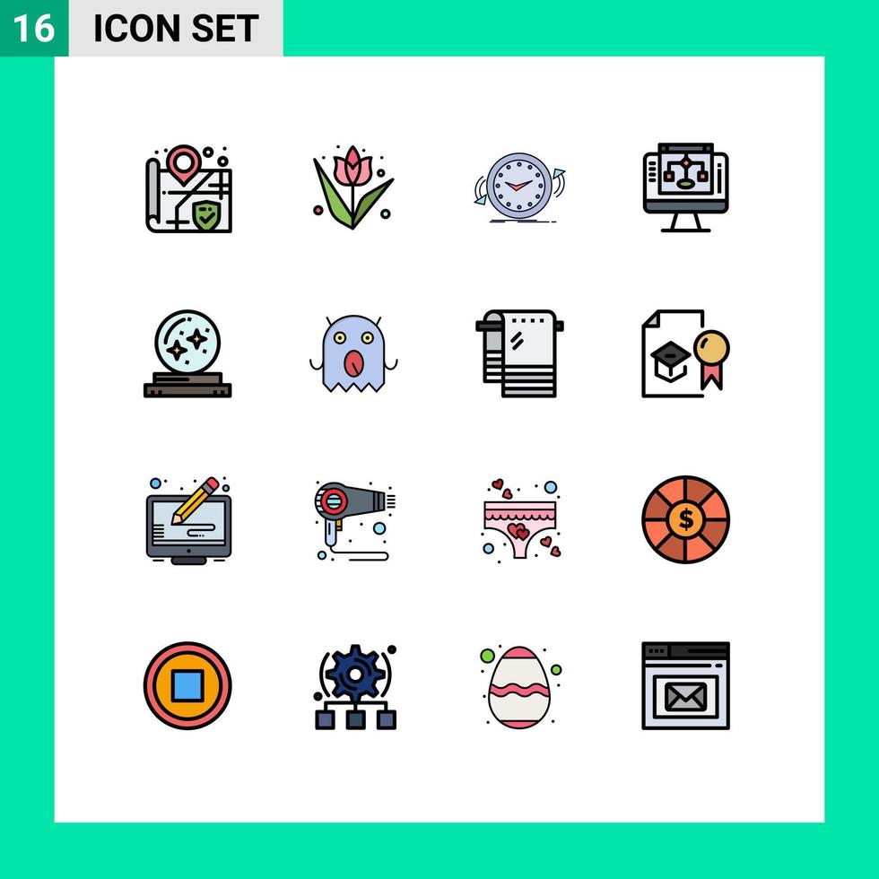 Pack of 16 Modern Flat Color Filled Lines Signs and Symbols for Web Print Media such as crystal computer clock server data sharing Editable Creative Vector Design Elements