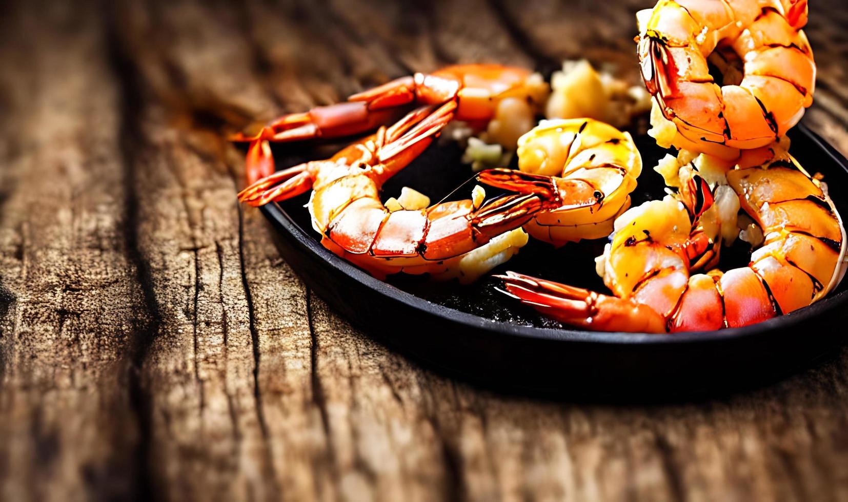 Fried shrimps. Sea products. Healthy food. Hot shrimp dish. photo