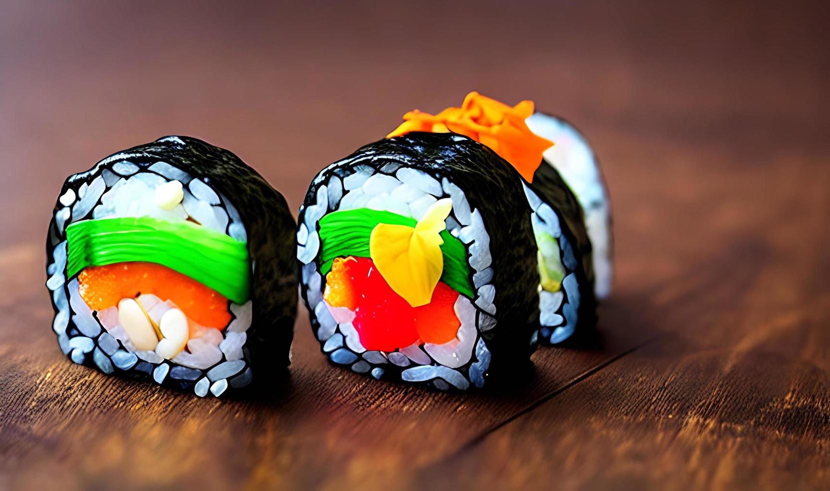 comida tradicional, fresca y deliciosa de rollos de sushi. sushi creativo. foto