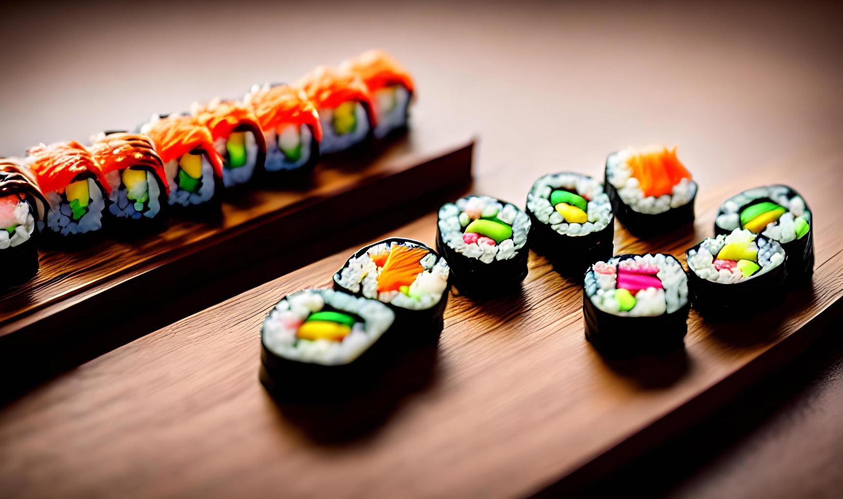 comida tradicional, fresca y deliciosa de rollos de sushi. sushi creativo. foto