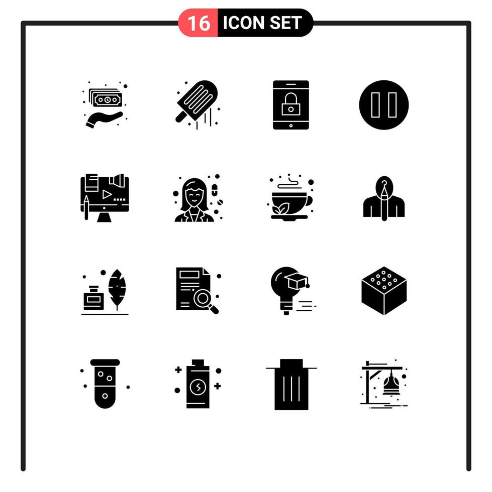 Universal Icon Symbols Group of 16 Modern Solid Glyphs of law copyright encryption content pause Editable Vector Design Elements