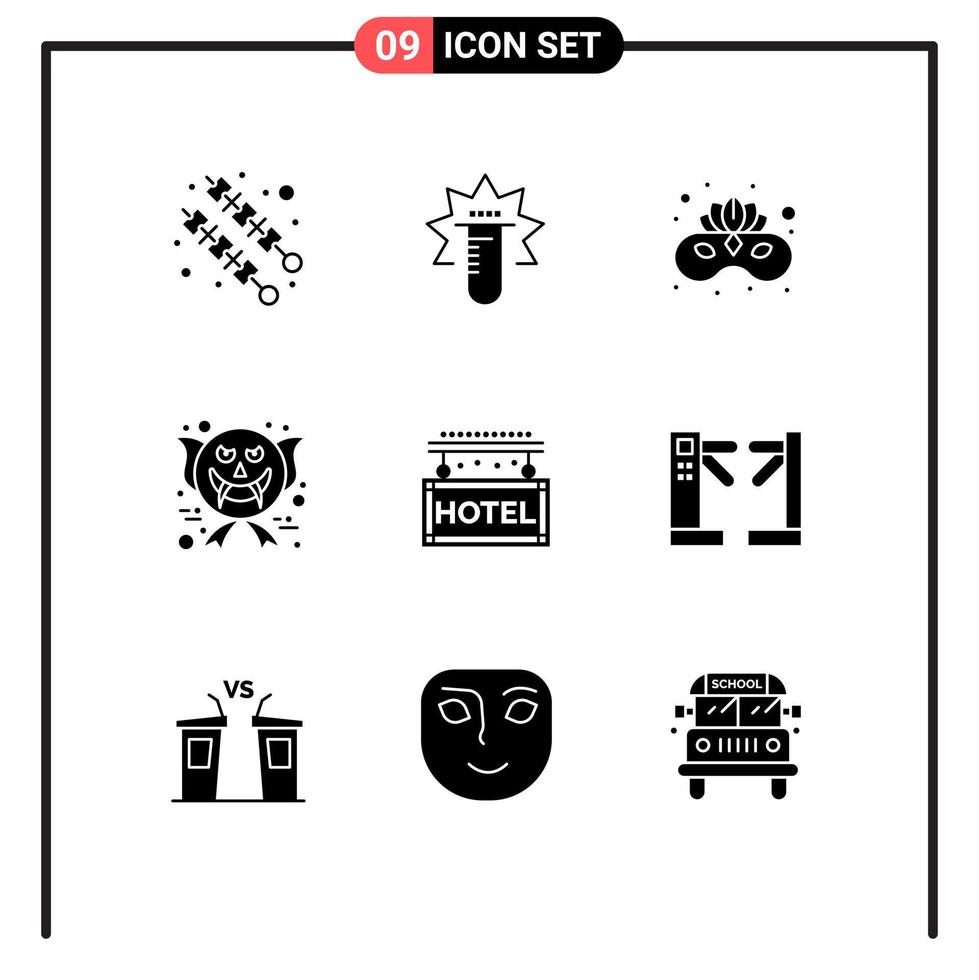 9 User Interface Solid Glyph Pack of modern Signs and Symbols of travel hotel costume halloween scary face Editable Vector Design Elements