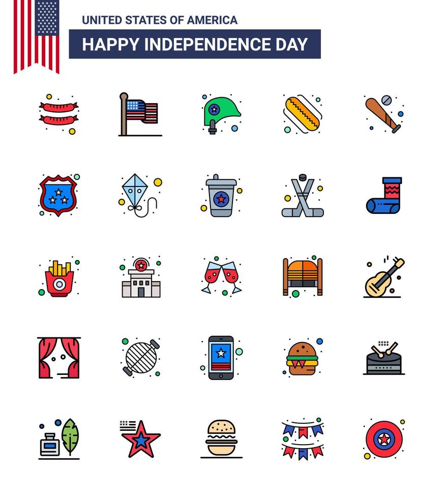 feliz día de la independencia usa paquete de 25 líneas creativas planas llenas de deportes béisbol casco pelota hotdog editable usa día elementos de diseño vectorial vector