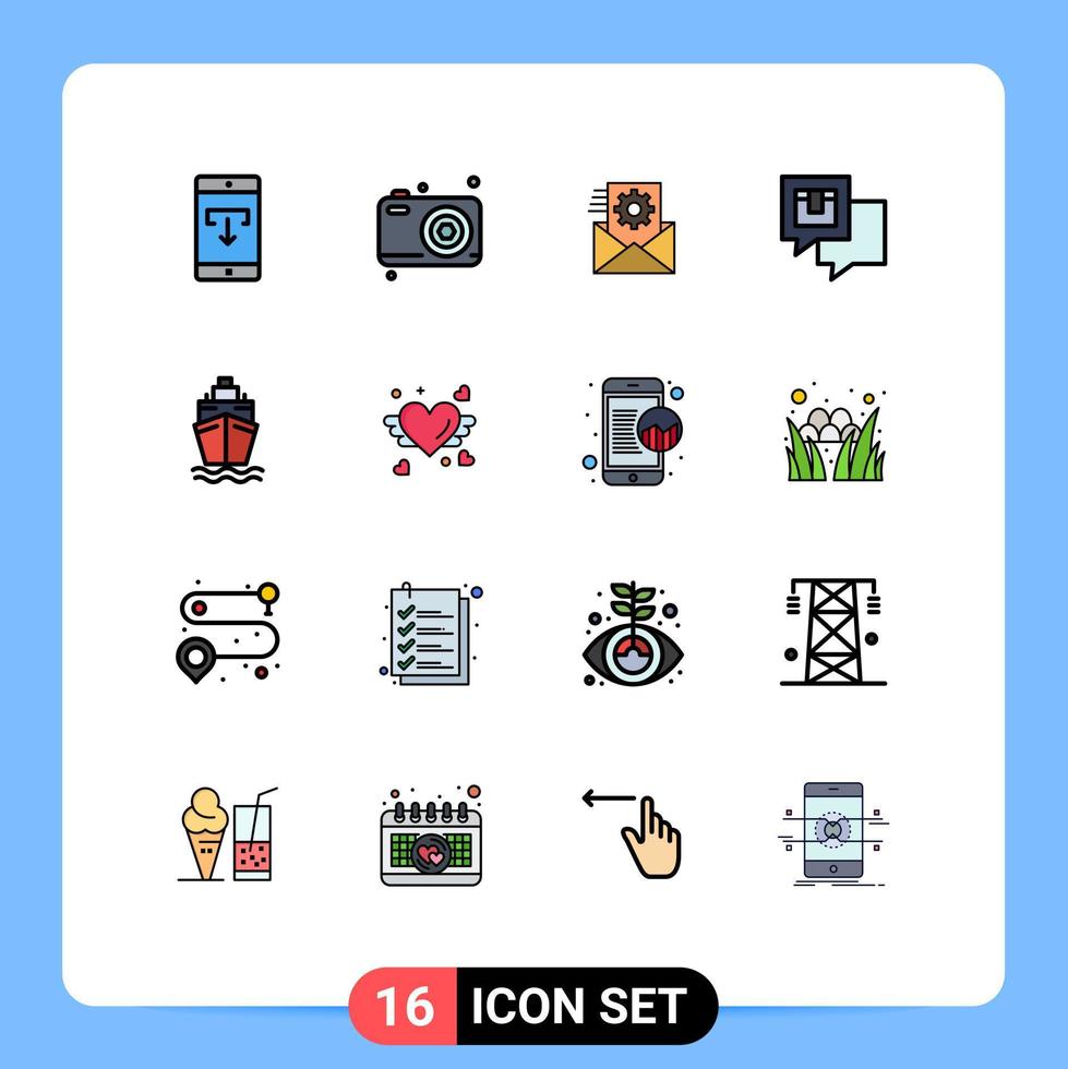 Paquete de 16 líneas rellenas de color plano de la interfaz de usuario de signos y símbolos modernos de envío de comentarios Integración de entrega de cámara Elementos de diseño de vectores creativos editables