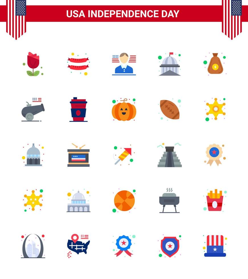 25 Creative USA Icons Modern Independence Signs and 4th July Symbols of bag dollar american white landmark Editable USA Day Vector Design Elements